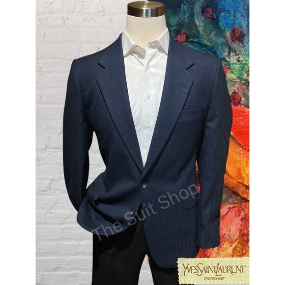 Vtg Yves Saint Laurent France 40L Navy Blue Stripe Flannel Blazer Sport Jacket - Picture 1 of 15
